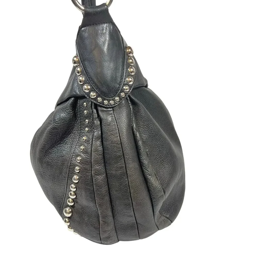 B. Makowsky Hobo Bag Purse Black Pebbled Leather Silver Studded Leopard Lining - Picture 3 of 11